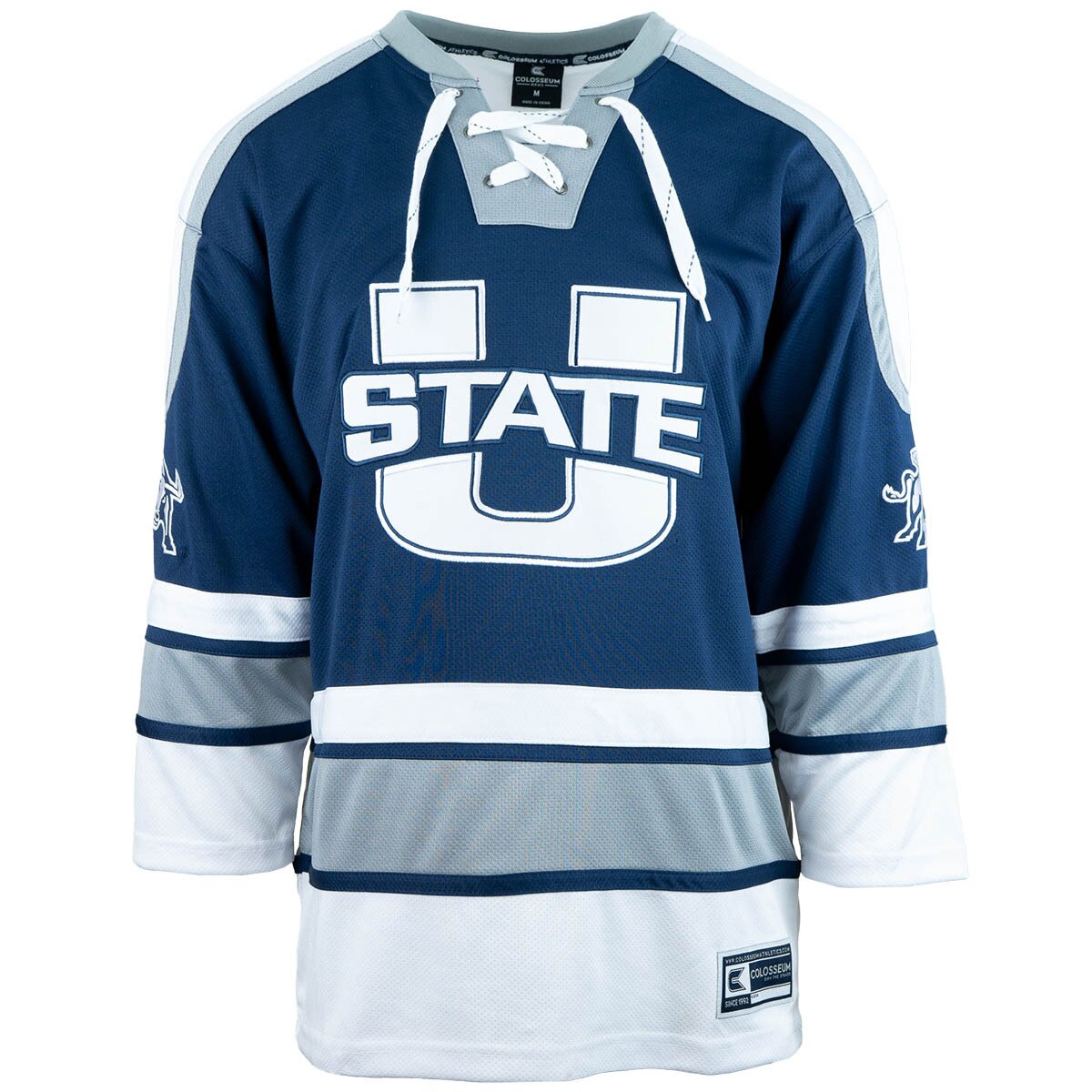 U-State hockey with aggie bull logo on sleeve navy unisex jersey